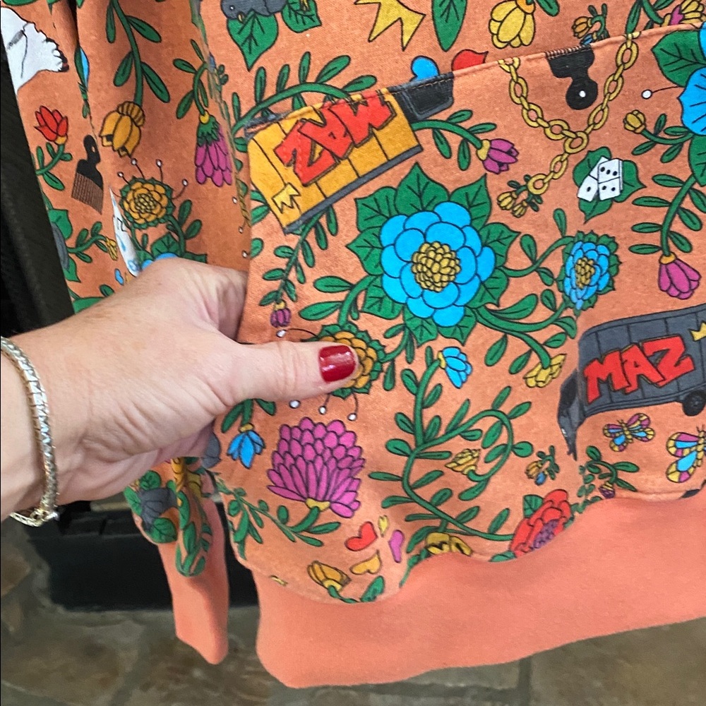 Orange hoodie with skull, dice, dove graphics  with pockets. Small - Picture 4 of 16